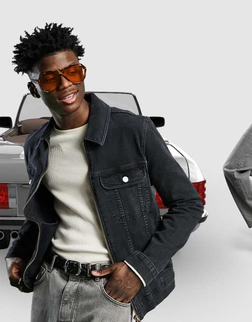 ASOS DESIGN - Veste en jean skinny à fermeture éclair - Noir délavé