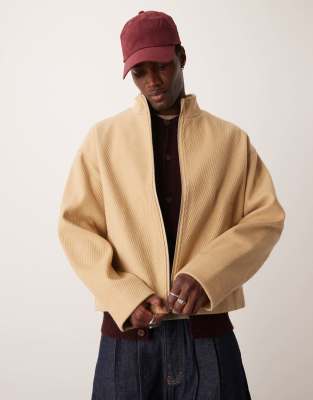 ASOS DESIGN - Veste en laine mélangée oversize à col cheminée - Camel-Gris