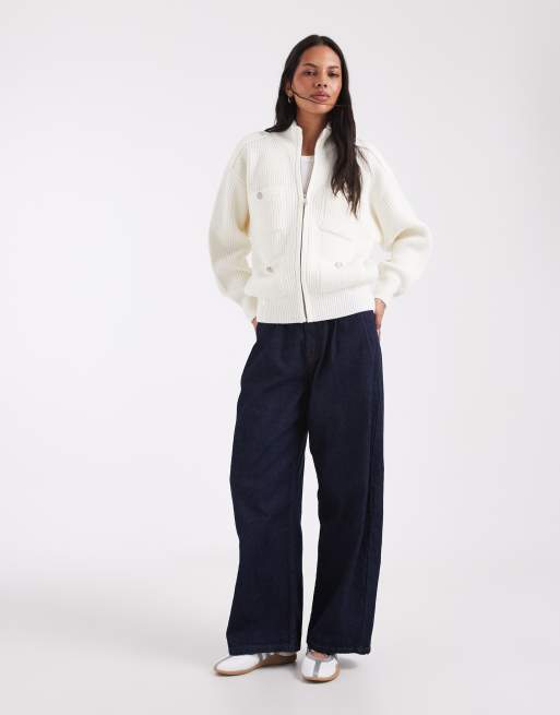 ASOS DESIGN veste en maille à col cheminée avec boutons argentés en crème, 2 de 4