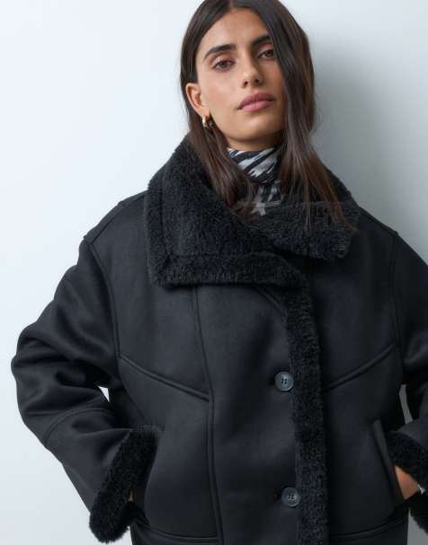 ASOS DESIGN veste en peau retournée doublée imitation peau de mouton à col drapé noire - view 1