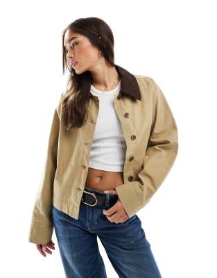 ASOS DESIGN - Veste en toile à col contrastant - Taupe-Neutral