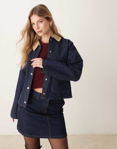 ASOS DESIGN - Veste en toile coupe carrée avec col contrastant en velours côtelé - Bleu - view 1