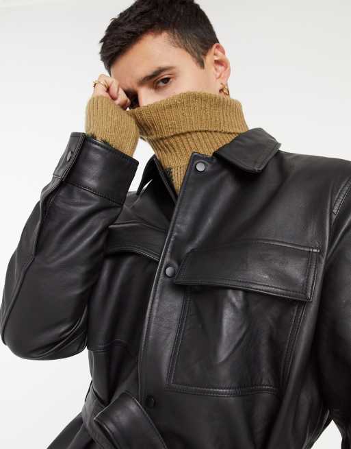 Veste En Cuir Oversize ASOS DESIGN - Veste façon chemise oversize ceinturée en cuir - Noir | ASOS