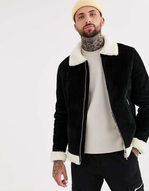 ASOS DESIGN - Veste flight en daim avec fausse fourrure écrue - Noir