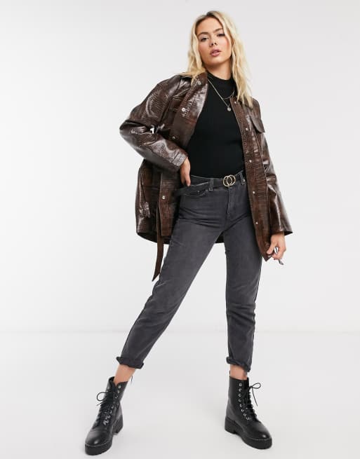 ASOS DESIGN - Veste imitation croco à quatre poches avec ceinture - Marron foncé, 4 de 4
