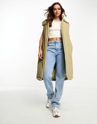 ASOS DESIGN longline paper touch gilet with hood in washed khaki - ASOS Price Checker