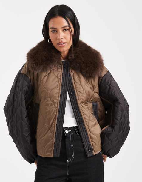 ASOS DESIGN - Veste matelassée hybride avec imitation peau de mouton et doublure rose - Moka - view 1