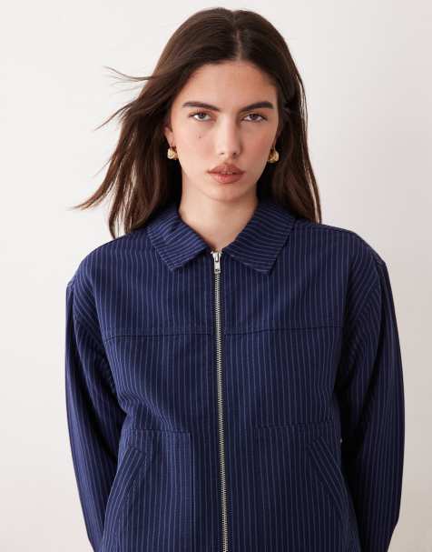 ASOS DESIGN - Veste rayée zippée avec col - Bleu marine - view 1