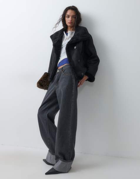 ASOS DESIGN veste shearling doublée, col cascade, noire - view 1