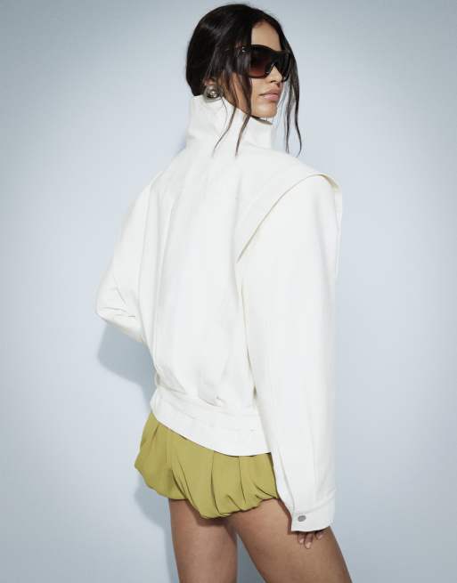 ASOS DESIGN veste sport années 80 à col cheminée et ourlet ceinturé, crème, 12 de 14