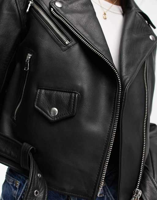 ASOS DESIGN - Veste style motard texturée en cuir véritable de qualité supérieure - Noir, 4 de 4