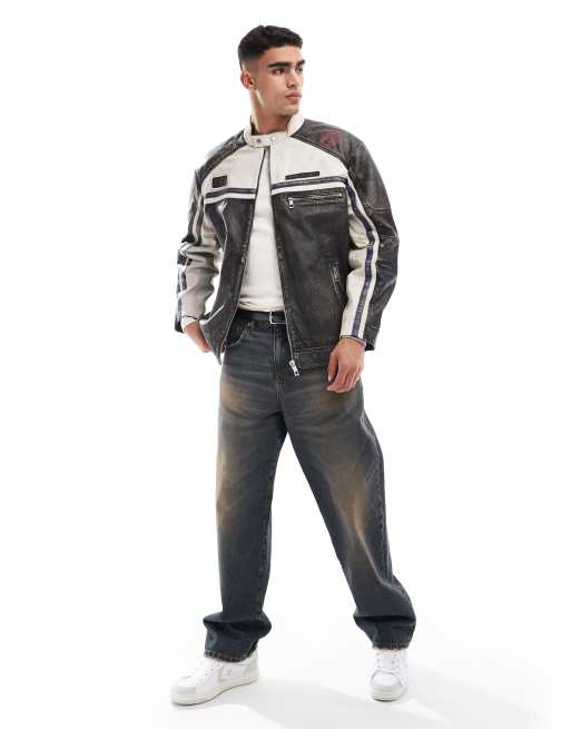 ASOS DESIGN - Veste style motocross en cuir véritable avec écussons - Noir délavé, 2 de 4