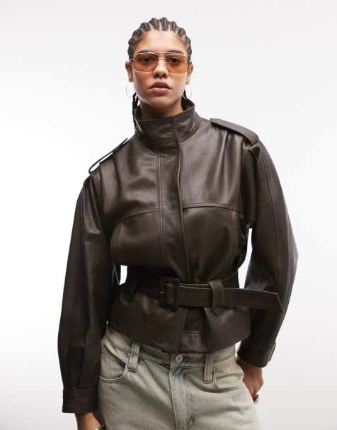 ASOS DESIGN - Veste utilitaire en cuir véritable avec ceinture - Marron délavé - view 1