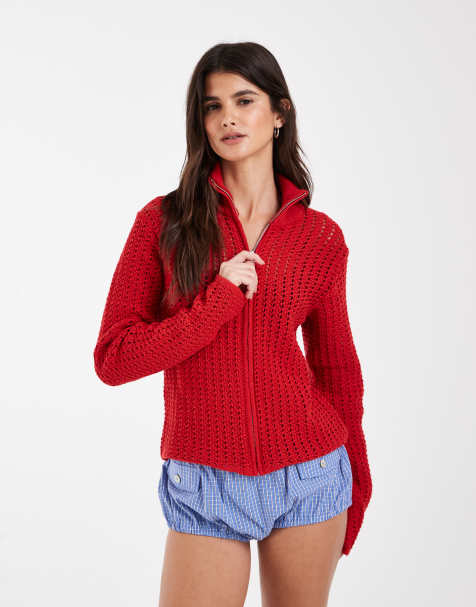 ASOS DESIGN veste zippée en maille crochet à col montant rouge - view 1