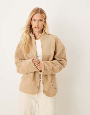 ASOS DESIGN - Veste zippée en mélange de polaire imitation peau de mouton et maille - Beige ton sur ton-Neutre