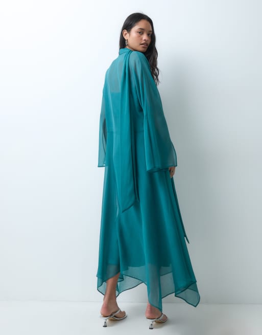 ASOS DESIGN - Vestido amplio de gasa con cuello anudado en verde azulado, 3 de 4