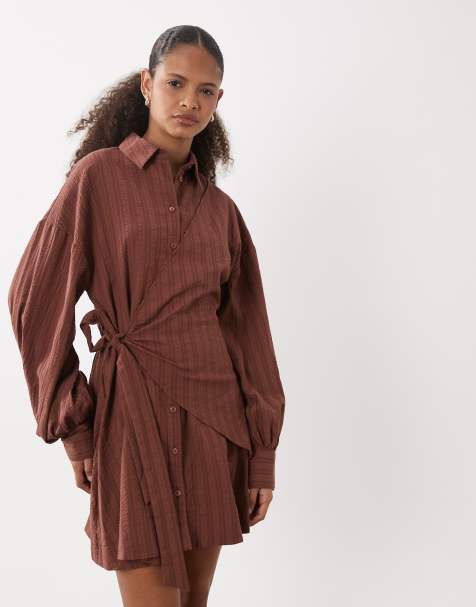 ASOS DESIGN - Vestido camisero corto marrón de manga larga con mangas blusón y lazada en la cintura - view 1