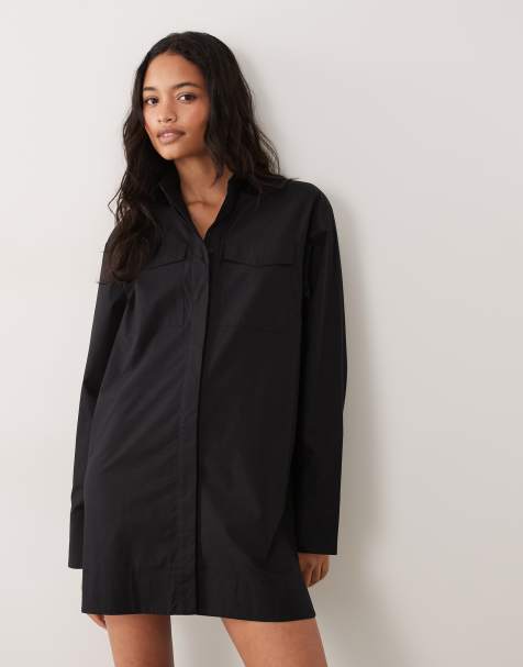 ASOS DESIGN - Vestido camisero corto negro con puños anchos y bolsillos extragrandes de popelina - view 1