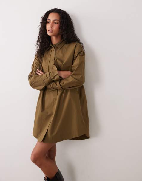 ASOS DESIGN - Vestido camisero corto verde oliva oscuro utilitario estilo gabardina - view 1