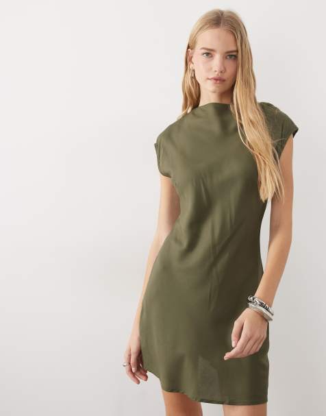 ASOS DESIGN - vestido camisero mini estilo smock con cuello alzado y manga blusón en caqui oscuro - view 1