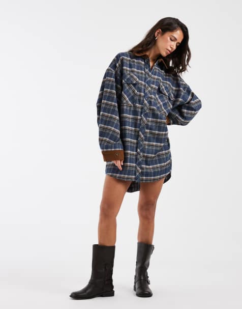 ASOS DESIGN - vestido camisero mini holgado con ribetes de cordón en contraste a cuadros azul marino - view 1