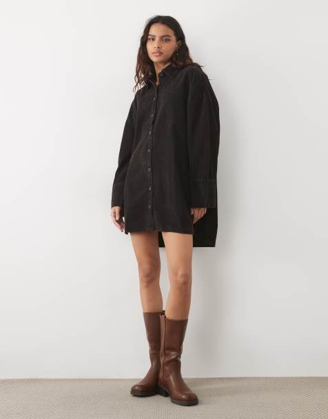 ASOS DESIGN - vestido corto camisero oversize de pana en negro lavado - view 1