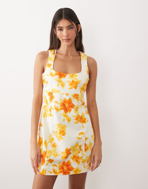 ASOS DESIGN - vestido corto de algodón estructurado con cuello cuadrado y estampado floral naranja, 2 de 4