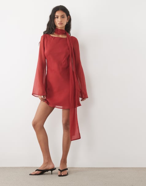 ASOS DESIGN vestido corto de gasa de corte al bies con pañuelo a juego en rojo - view 1