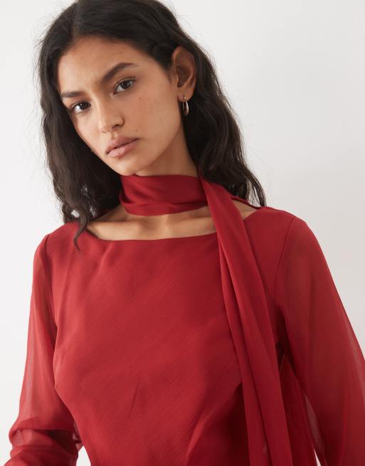 ASOS DESIGN vestido corto de gasa de corte al bies con pañuelo a juego en rojo, 3 de 4