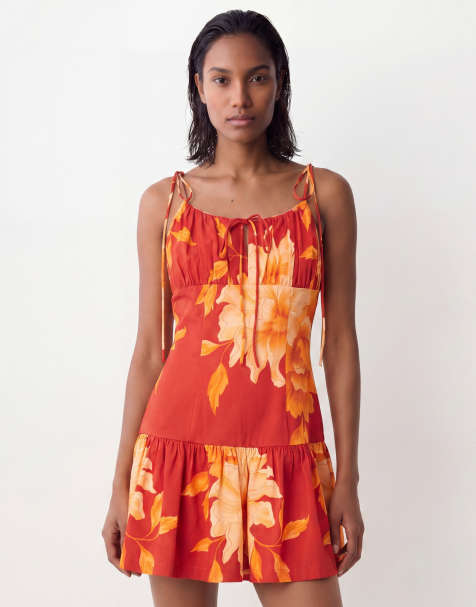 ASOS DESIGN - vestido corto de verano de algodón estructurado con lazo en el busto y cintura baja en estampado floral naranja - view 1