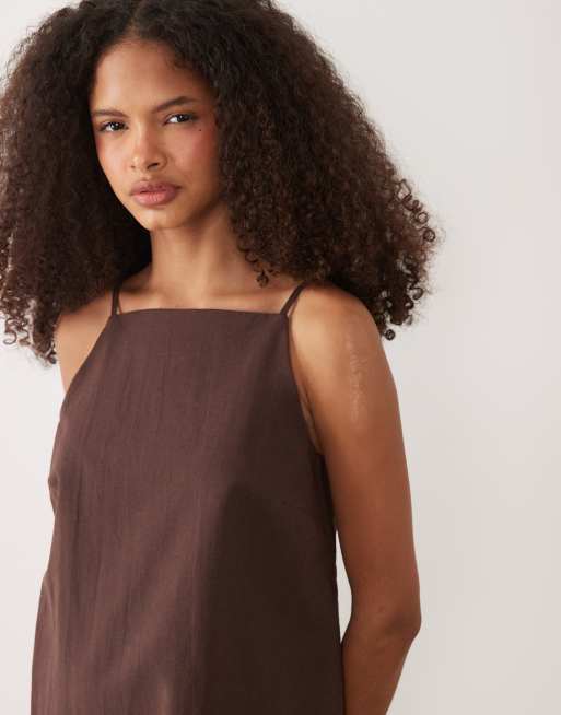 ASOS DESIGN - Vestido corto marrón chocolate de corte recto de lino, 3 de 4
