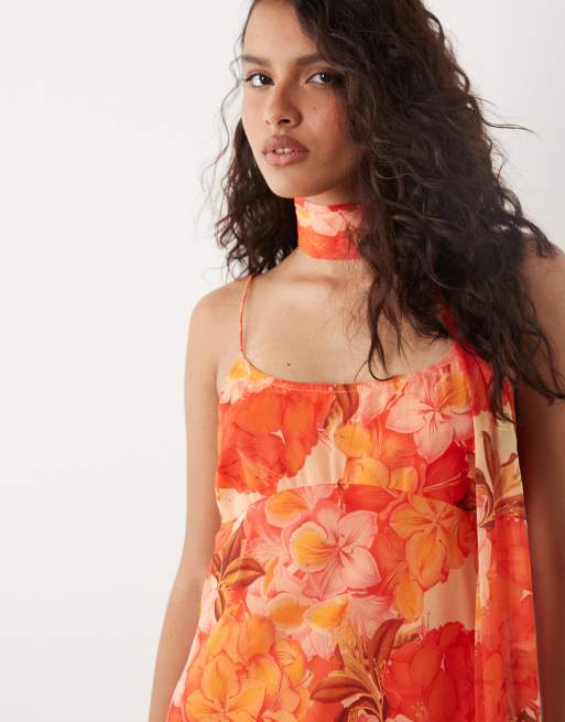 ASOS DESIGN - Vestido corto naranja de tirantes con estampado floral y fular, 3 de 4