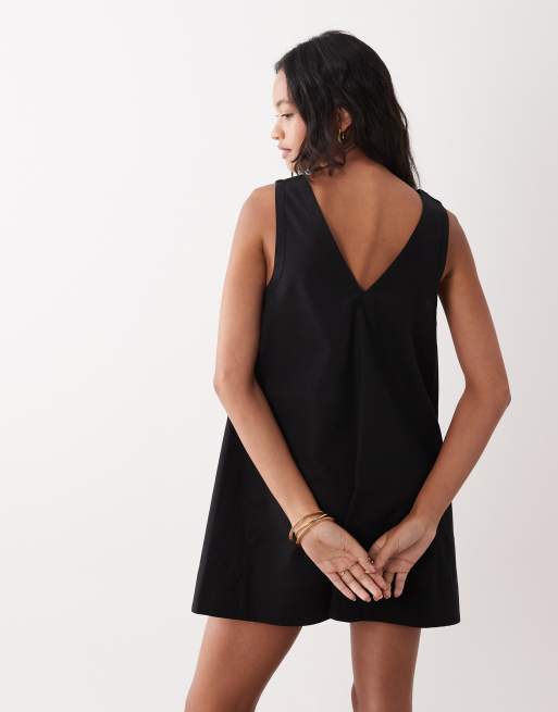 ASOS DESIGN - Vestido corto negro amplio con cuello de pico de algodón y lino, 3 de 4