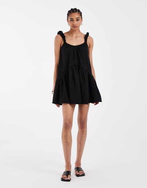 ASOS DESIGN - Vestido corto negro con mangas abullonadas de mezcla de lino, 4 de 4