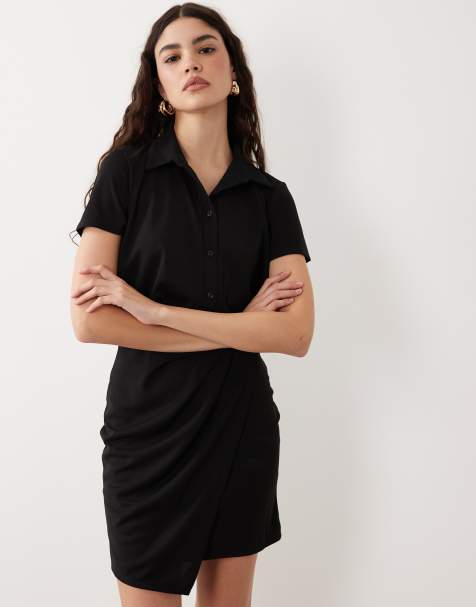 ASOS DESIGN - Vestido corto negro de manga corta con cuerpo estilo camisa y falda cruzada - view 1
