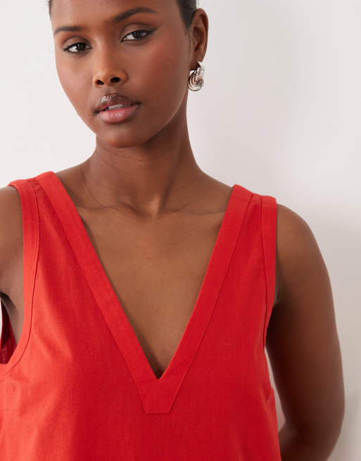 ASOS DESIGN - Vestido corto rojo amapola de corte amplio con cuello de pico de algodón y lino, 3 de 4
