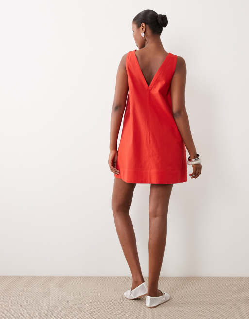 ASOS DESIGN - Vestido corto rojo amapola de corte amplio con cuello de pico de algodón y lino, 4 de 4