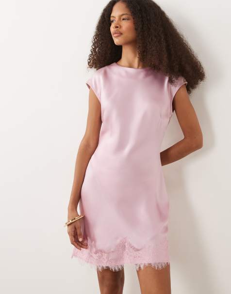 ASOS DESIGN - Vestido corto rosa de satén con cuello barco y bajo de encaje - view 1