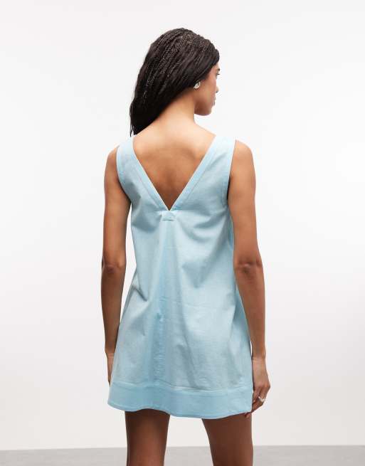 ASOS DESIGN - Vestido corto turquesa amplio con cuello de pico de algodón y lino, 3 de 4