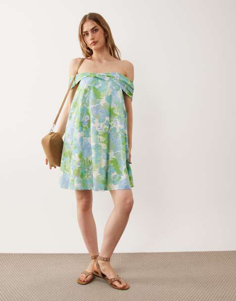 ASOS DESIGN - Vestido corto verde con estampado floral y escote palabra de honor - view 1