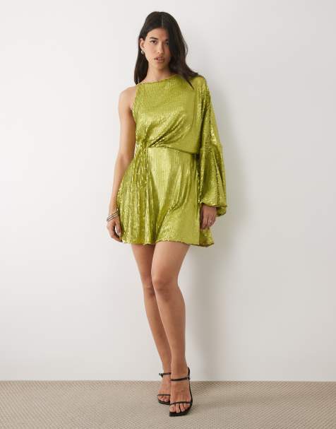 ASOS DESIGN - Vestido corto verde oliva asimétrico con diseño drapeado de lentejuelas mate - view 1