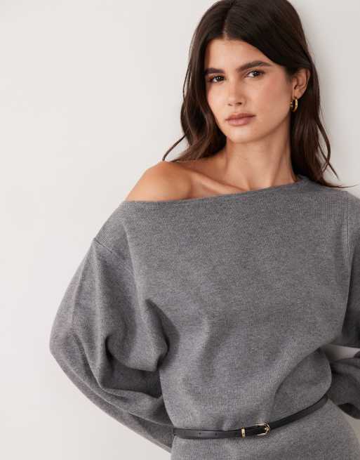 ASOS DESIGN - vestido jersey con cinturón y cuello asimétrico en gris carbón, 2 de 4
