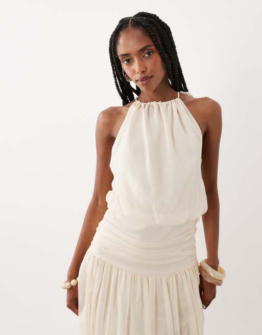 ASOS DESIGN - Vestido largo a cuadros con cuello halter y cintura abullonada de chifón, 3 de 4