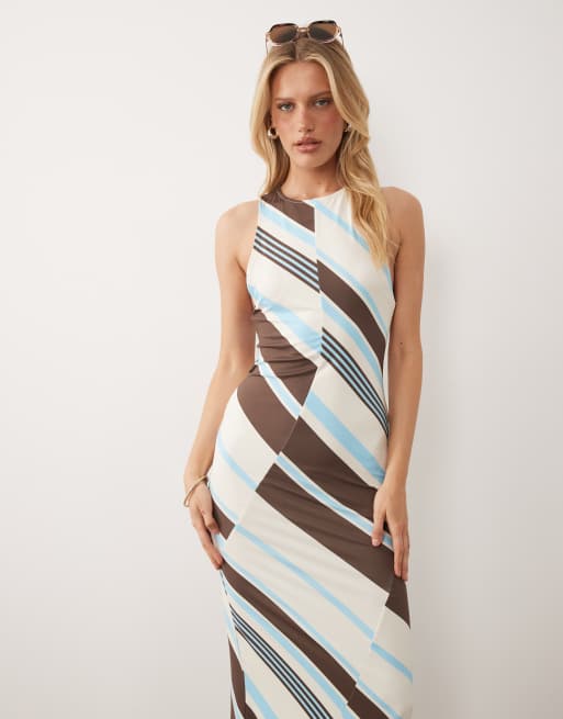 ASOS DESIGN - Vestido largo a rayas azules, marrones y color crema sin mangas, 3 de 4
