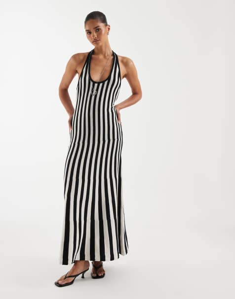 ASOS DESIGN - Vestido largo a rayas monocromáticas plisado de punto - view 1