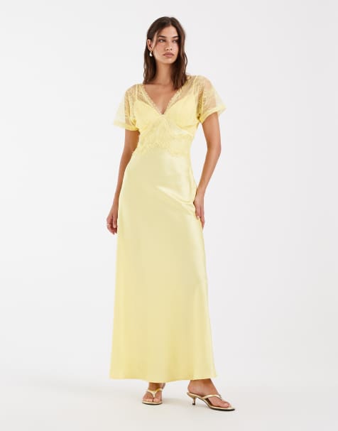 ASOS DESIGN - Vestido largo amarillo claro de satén con cuello de pico y detalle de encaje - view 1