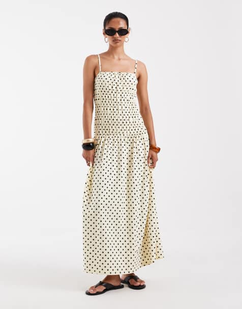 ASOS DESIGN - Vestido largo amarillo con estampado de lunares y cintura fruncida - view 1