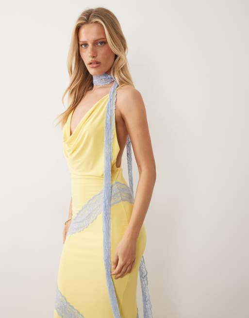 ASOS DESIGN - Vestido largo amarillo limón ceñido con detalle de fular de encaje, 2 de 4