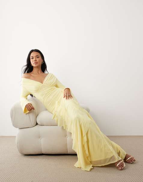 ASOS DESIGN - Vestido largo amarillo limón elástico de manga larga con escote Bardot y godets de chifón - view 1