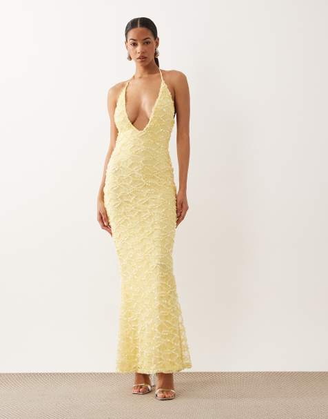 ASOS DESIGN - Vestido largo amarillo pastel con cuello halter de encaje y lentejuelas - view 1